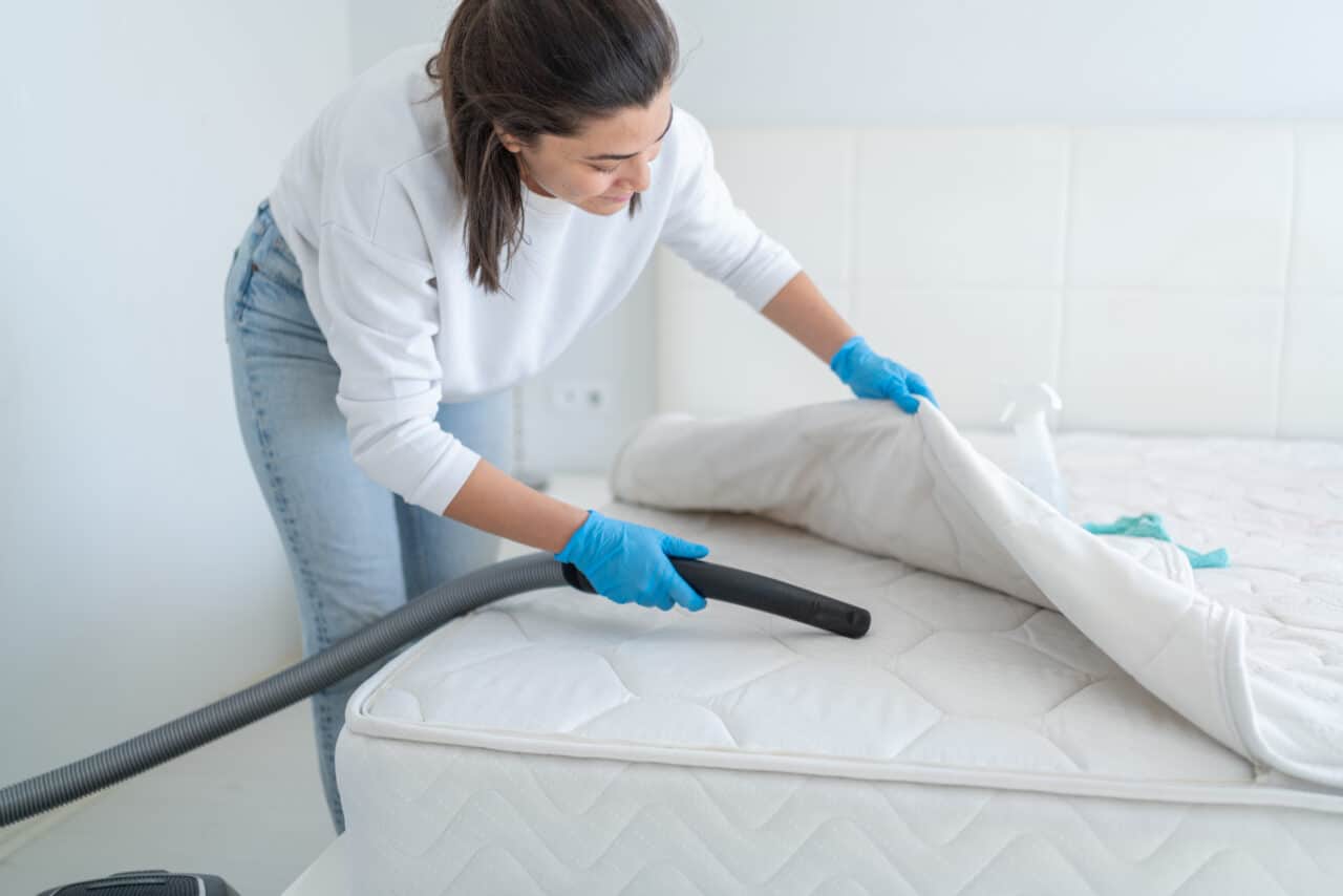 Woman vacuuming under the mattress to cleanse her home of common allergens
