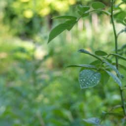 Fresh dew droplets cover wild rose leaves in soft morning light. Shallow depth of field highlights natural textures.