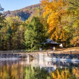 Marietta, South Carolina, USA. November 5, 2016. People walking around a walled pond with autumn changing trees in the background and reflections in the pond.